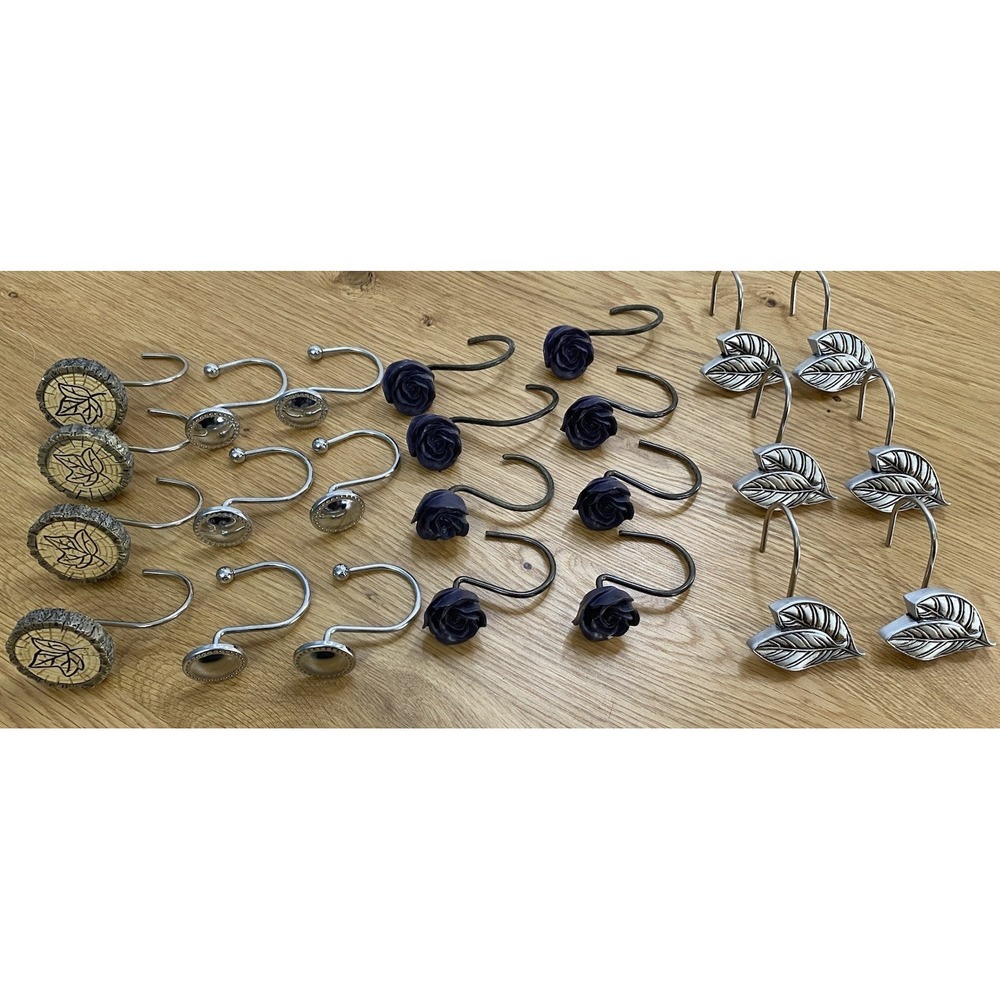 Lot of 24 Metal Resin Shower Curtain Hooks Leaf‎ Purple Roses Wooden Tree Ring